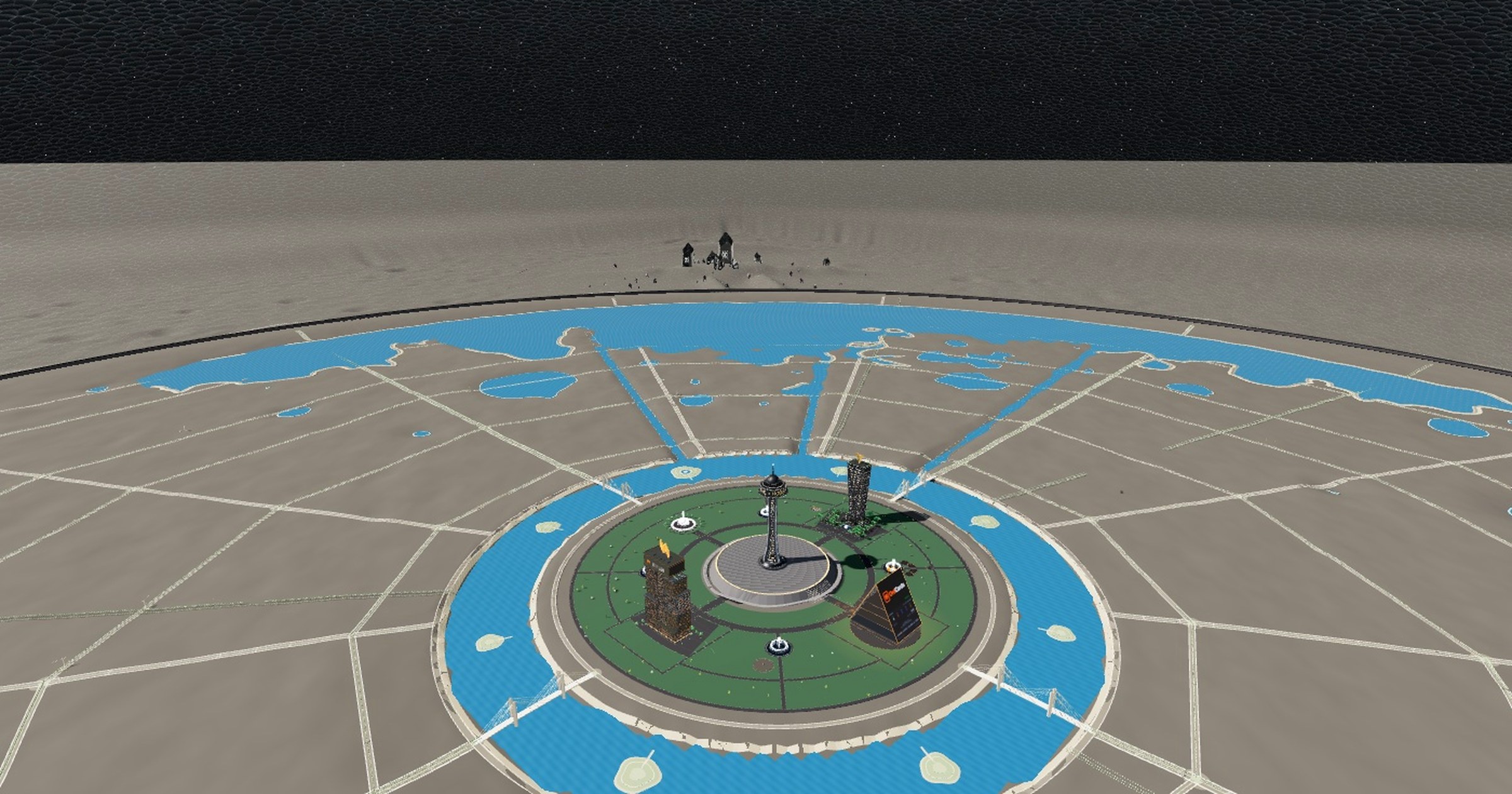 DogCity city plan on Mare Tranquillitatis, the Moon: concentric districts around the Central Plaza, the noble spit and waterfront on the bay, Diamond Paws in the stone inner fabric and everyone else in grey