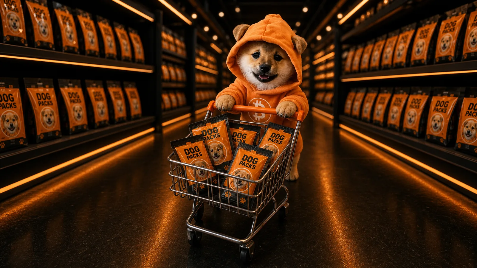 The DOG puppy filling a shopping cart with DOG PACKS