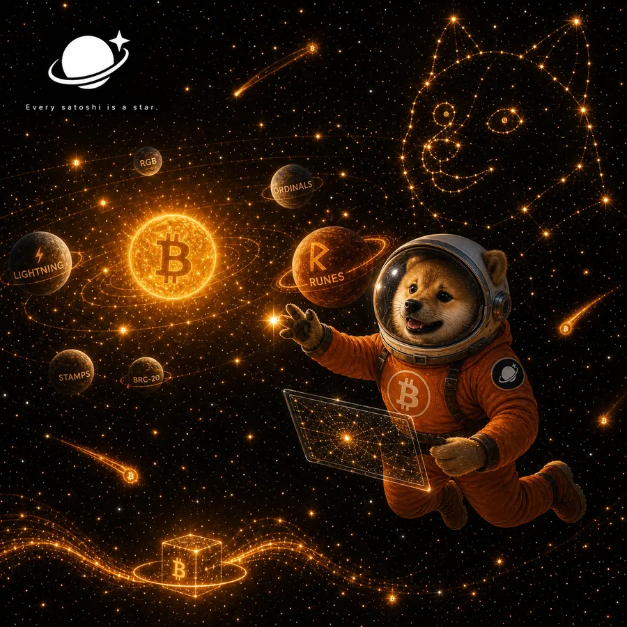 DOG astronaut floating through the satspace universe — every satoshi is a star