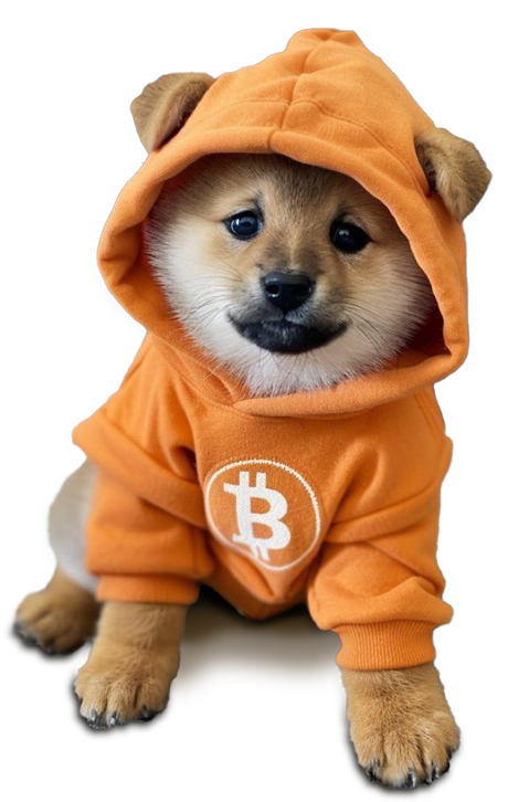 Official DOG logo, a dog in an orange hoodie with the Bitcoin symbol